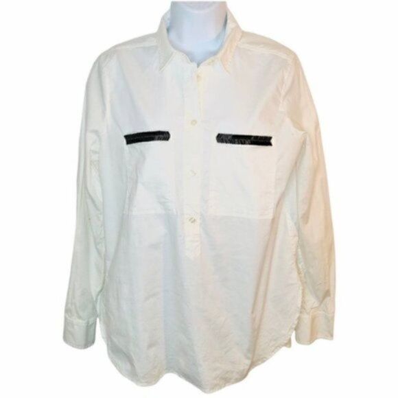 J.Crew Factory Beaded Pocket Half Button Down Cotton Tunic Shirt Ivory White M - Picture 2 of 8